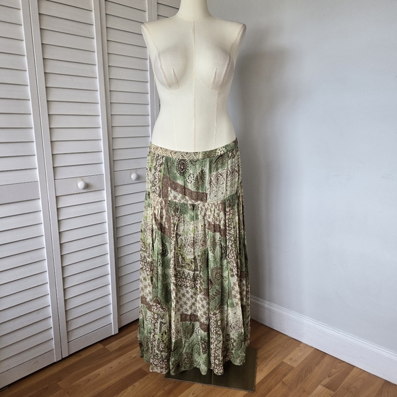 JM Collection Green Brown Patchwork Print Boho Maxi Skirt Size 14 Hippie Y2K - Picture 1 of 9